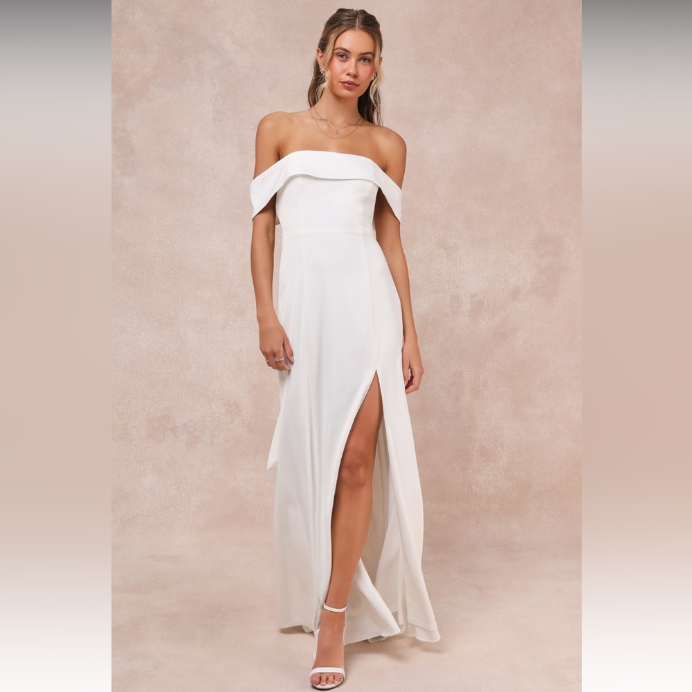Lulu’s Dose of Love Ivory Satin Off-the-Shoulder Mermaid Maxi Dress